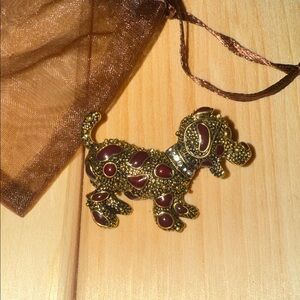 Betsey Johnson Gold and Brown Dog Brooch with rhinestones.